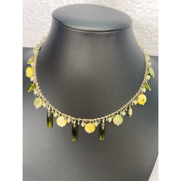Bohemian Silver Tone Multicolor Bead Necklace Lia Sophia Green Yellow MOP Glass - Picture 1 of 7